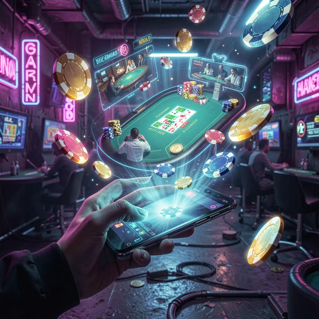 PHL7777 App – Enjoy fast and immersive casino gaming on your mobile device Futuristic casino app interface with glowing coins and a holographic game display highlighting the immersive PHL7777 mobile gaming experience in the Philippines