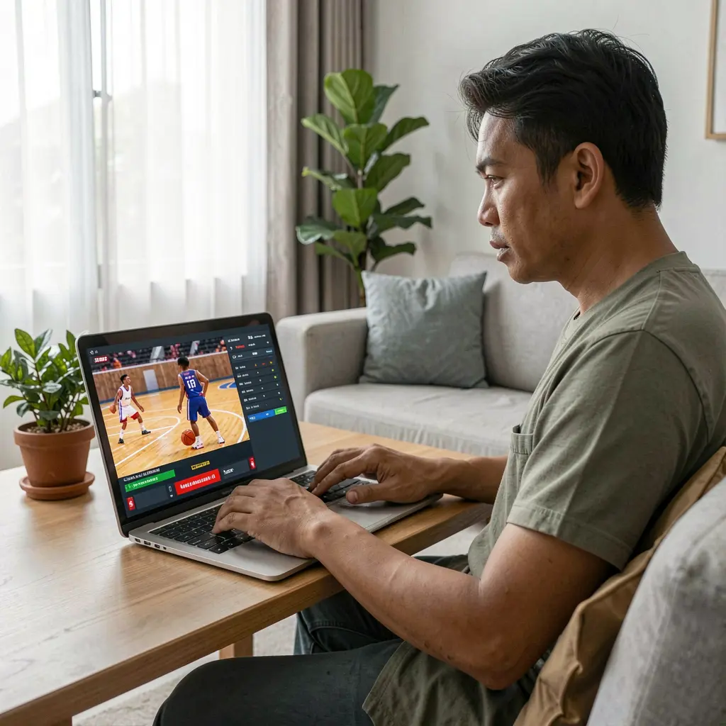 PHL7777 Bet – Place smart basketball bets online in the Philippines Focused Filipino bettor reviewing live basketball odds and match details on a laptop using the PHL7777 betting platform at home