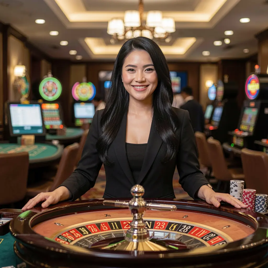 PHL7777 – Experience premium live dealer games designed for players in the Philippines Elegant Filipino casino hostess in a red dress welcoming players at a luxury roulette table inside the immersive PHL7777 live casino environment