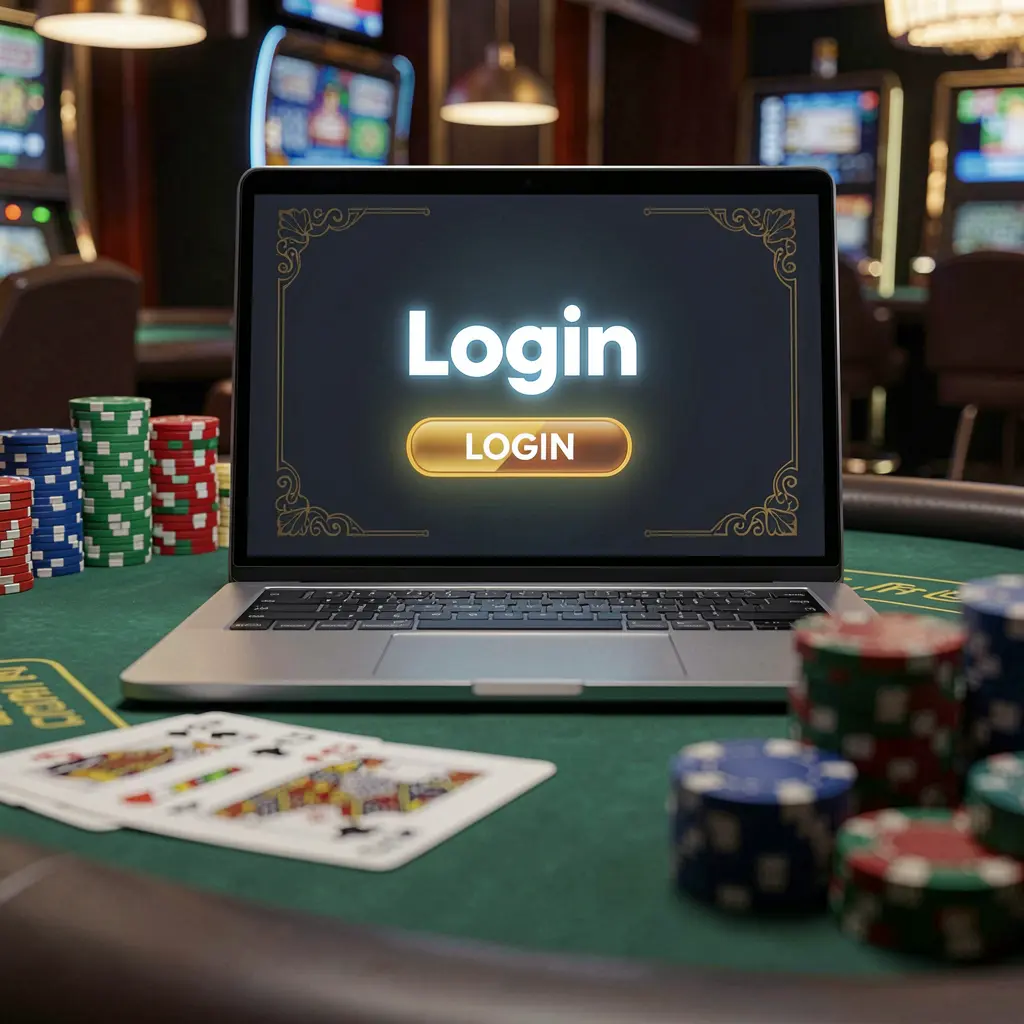 PHL7777 Login – Safe and instant access to your gaming account in the Philippines Close-up view of a laptop with a bright login button surrounded by casino chips highlighting secure entry to PHL7777 in the Philippines