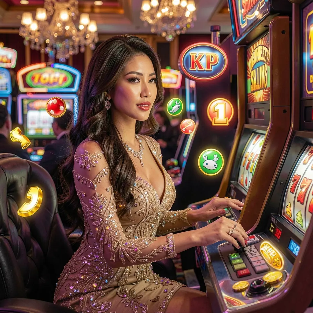 PHL7777 – Join exciting slot games and thrilling casino action in the Philippines Confident woman in a flowing red dress standing before bright slot machines symbolizing high energy casino gaming on PHL7777 Philippines